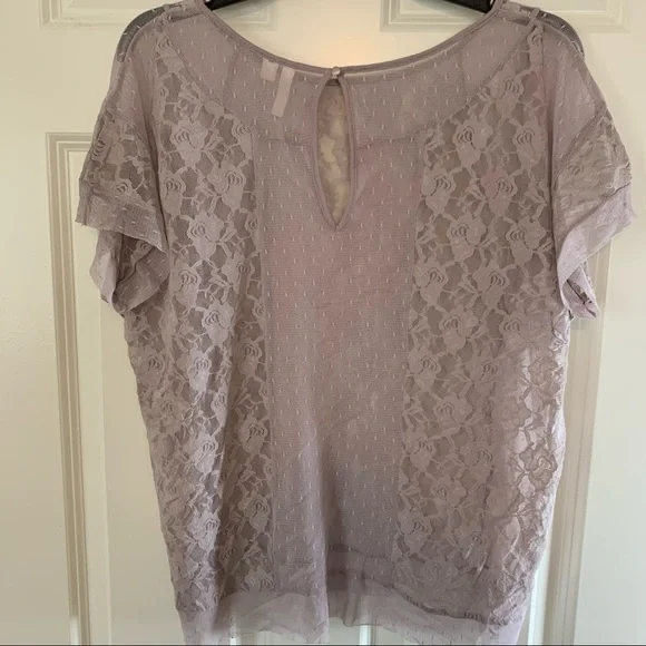 Frenchi lavender sheer lace short sleeve rose pullover top L - Picture 4 of 6